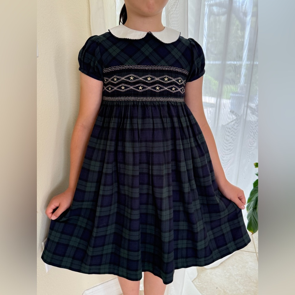 Trotters London Blue Charlotte Tartan Smocked Dress
